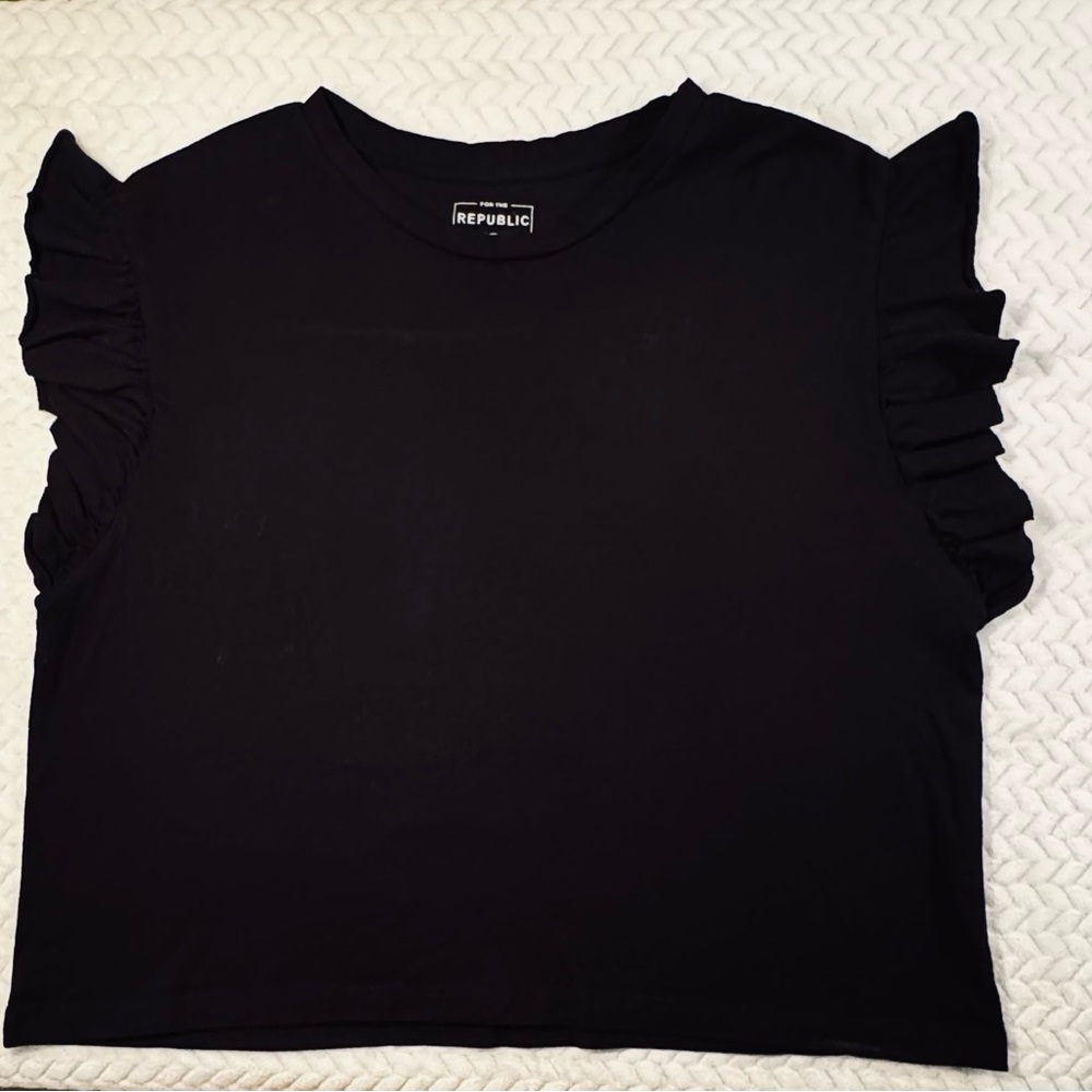 For The Republic Black Flutter Sleeve Top Medium Cotton Feminine Elevated